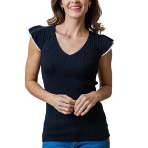 Hope & Henry L NEW Women Flutter Sleeve Sweater Top Black Pointelle